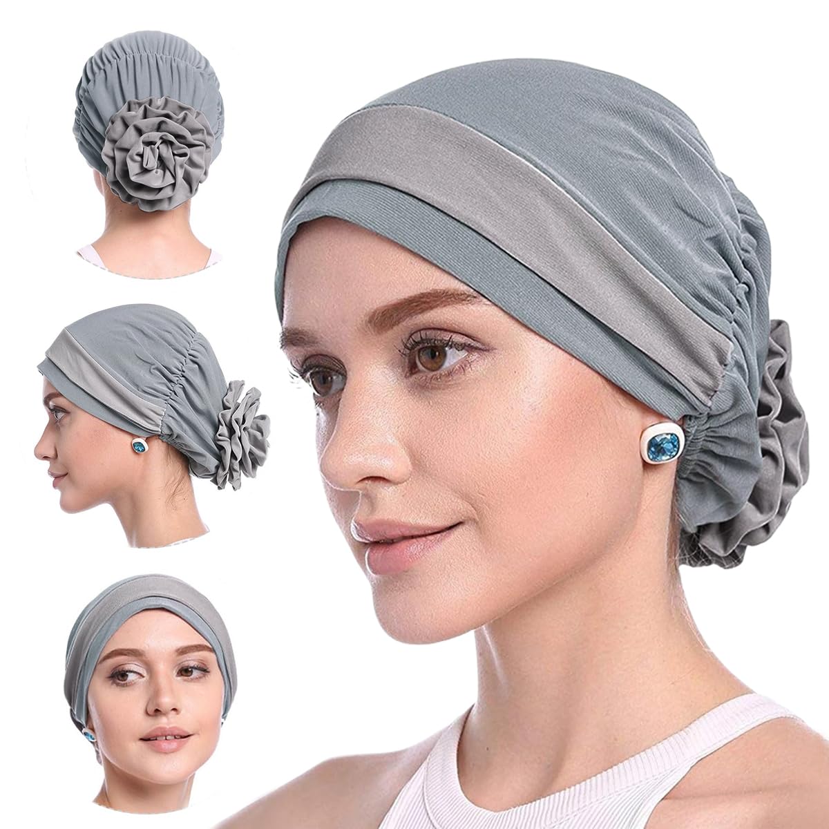 PALAY Chemo Caps for Women Cotton Stretchy Turban Cap Headwear Head Wrap Flower Skull Cap for Women Cancer Beanie Head Coverings - Grey PALAY Chemo Caps for Women Cotton Stretchy Turban Cap Headwear Head Wrap Flower Skull Cap for Women Cancer Beanie Head Coverings - Grey